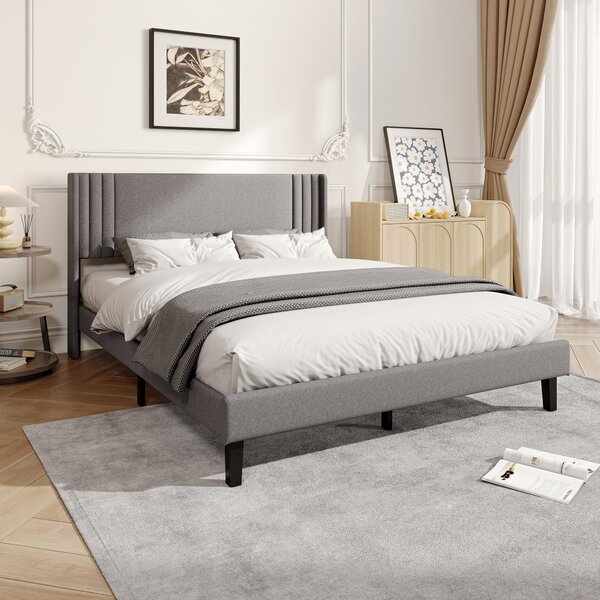 Letto imbottito 140x200 cm con rete a listelli, alta testiera imbottita, struttura in metallo, rivestito in lino grigio, con 15 cm di spazio libero dal pavimento, capacità di carico fino a 363 kg, senza materasso