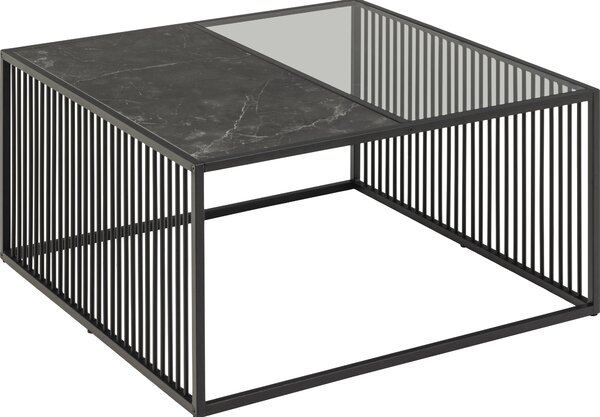 Tavolino Strington 80x80 cm vetro fumé, decoro marmo nero