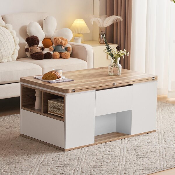 Fortuna Lai Tavolino multifunzionale sollevabile - Il piano del tavolo si apre in 2 tavoli, bianco + colore legno originale, grande capacità, mobili moderni per soggiorno, tavolo da pranzo per ufficio, tavolo multifunzionale per il tempo libero