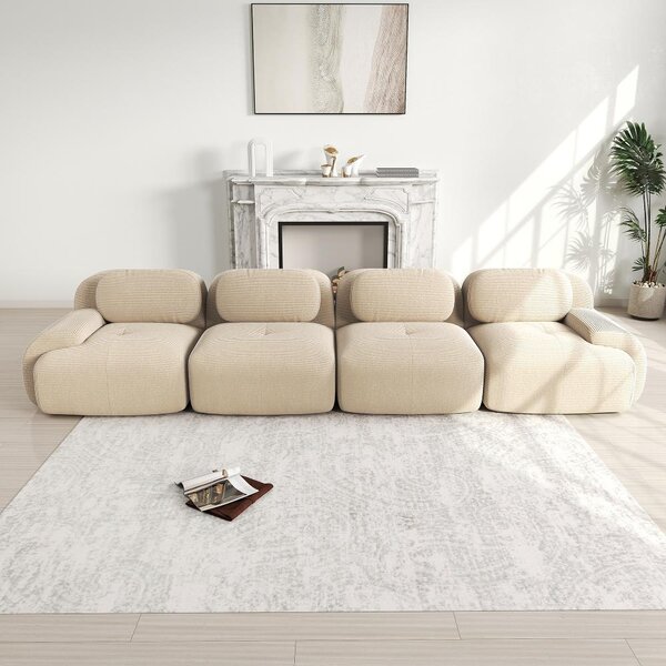 Divano a 4 posti rivestito in morbido tessuto corduroy, divano angolare modulare senza struttura, dimensioni 388x103x70 cm, colore beige. Divano da assemblare, imbottitura ad alta elasticità