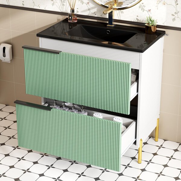 Fortuna Lai Mobile bagno con lavabo in Vetroceramica, lavabo singolo con cassetti in MDF, mobile bagno verticale con lavabo, verde