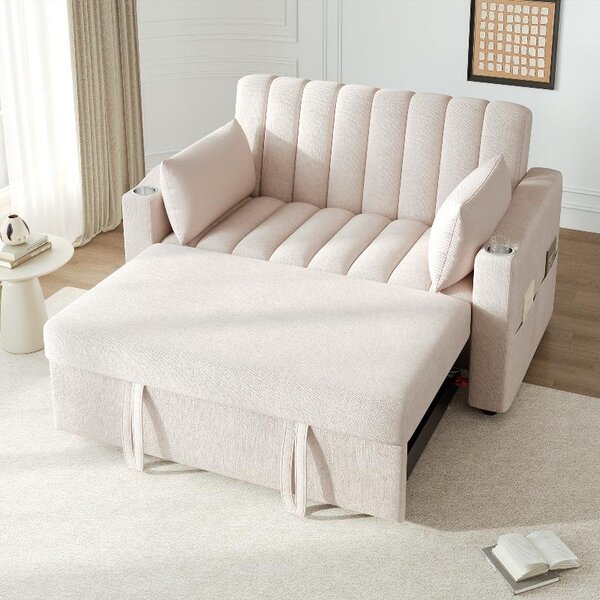 Divano multifunzionale beige, a due posti, divano letto con funzione letto, divano a due posti con schienale regolabile, aspetto simile al lino, dimensioni 136x162x84 cm