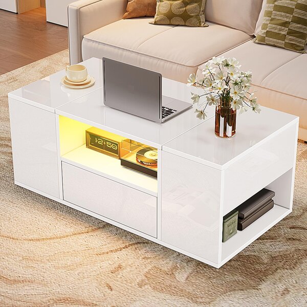 Tavolino Fortuna Lai (100 x 50 x 40 cm), tavolino con un cassetto, tavolino da divano con due armadietti, tavolino da salotto lucido con strisce luminose a LED, tavolino da caffè con 6 scomparti, bianco