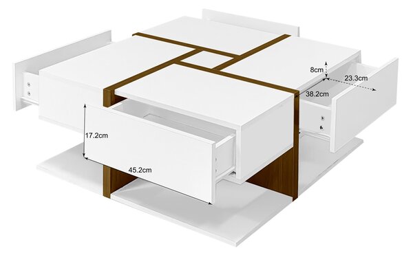 Tavolino Fortuna Lai con 4 cassetti nascosti, stile moderno, design geometrico, tavolo da salotto in legno, bianco