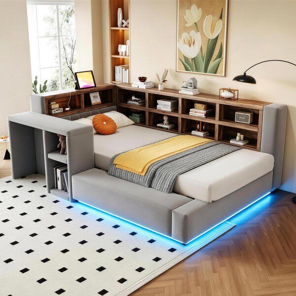 Letto imbottito 90x200 cm in grigio scuro, rivestito in velluto, con contenitori a giorno e illuminazione LED per la camera da letto, dotato di testiera imbottita
