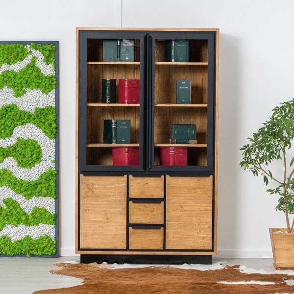 Libreria 2 ante in vetro, 2 ante, 3 cassetti – LM-RE011