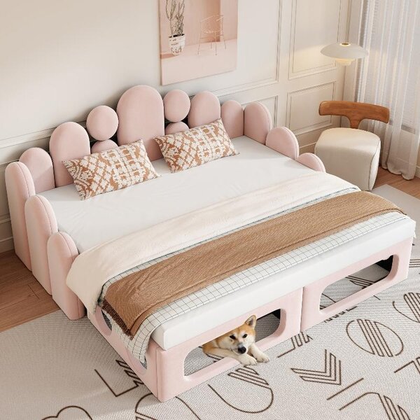Divano letto con cuccia per animali domestici, 180x200 cm, 2 in 1: divano letto multifunzionale imbottito in velluto con rete a doghe e schienale, colore rosa