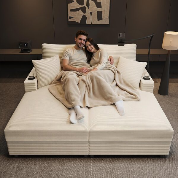 Divano letto matrimoniale Fortuna Lai con funzione letto, funzione reclinabile imbottita, supporto per cellulare, porta USB e portabevande. Adatto per soggiorno, camera da letto o home cinema. Colore beige