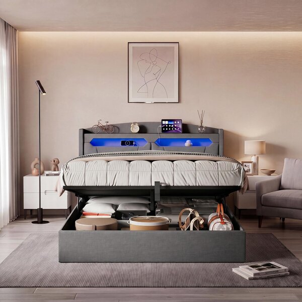 Letto imbottito 140x200 cm, grigio, con spazio contenitore, cassettiera idraulica, illuminazione LED RGB, testiera con vano portaoggetti e prese, connettività USB e Type-C