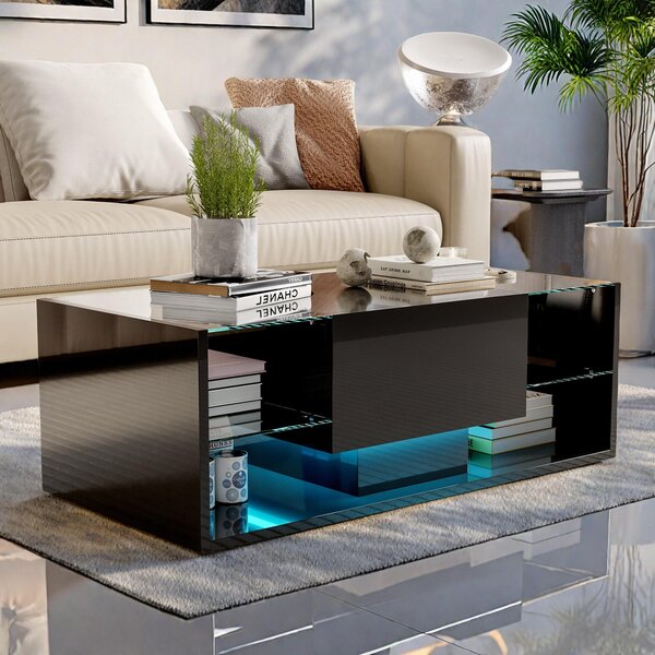 Tavolino Fortuna Lai, tavolino da salotto LED con vano portaoggetti, tavolino lucido con ripiano in vetro, tavolino da divano moderno con cassetto portaoggetti, 100L x 50L x 35H cm, nero