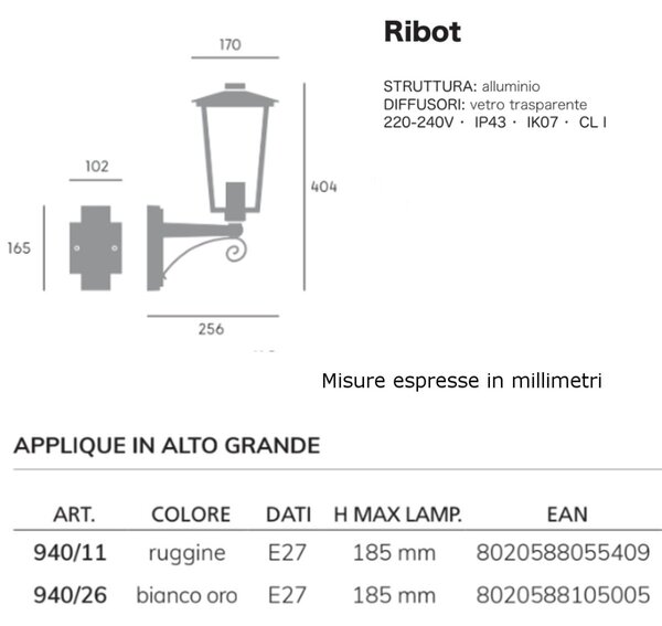 Applique classico livos ribot 940 e27 led alluminio lampada parete lanterna - Livos