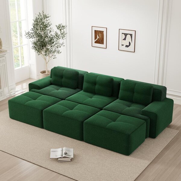 Divano angolare modulare Cord, color verde, con 3 posti, dotato di funzione letto e 3 poggiapiedi, design senza telaio, resistente ai graffi, dimensioni 293x177x69 cm
