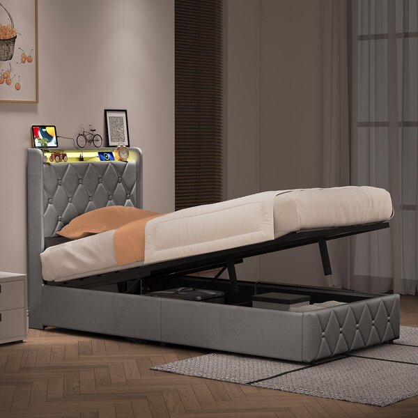 Letto imbottito 90x200 cm con contenitore, luci LED RGB, porta USB-C, sistema di sollevamento idraulico, spazio contenitivo, testiera imbottita, letto singolo color grigio