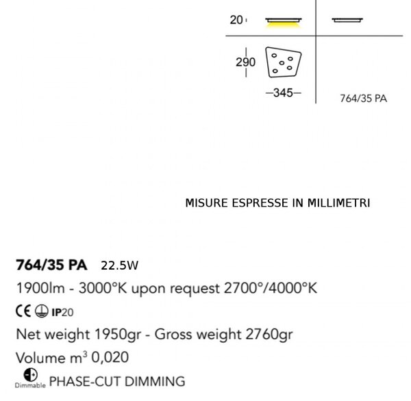 Plafoniera moderna cattaneo illuminazione fuorisquadra 764 35pa led dimmerabile metallo - Cattaneo Illuminazione
