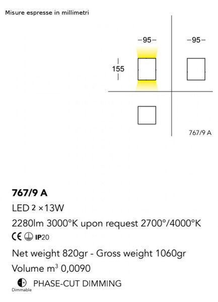 Applique moderno cattaneo illuminazione cubick 767 9a led biemissione dimmerabile - Cattaneo Illuminazione