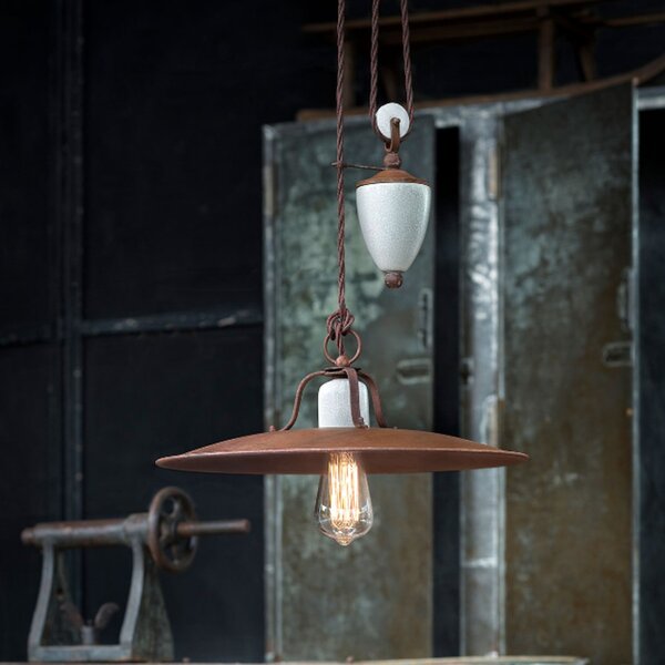 Lampadario rustico ferroluce retrò grunge c1436 e27 led metallo ceramica craquelè saliscendi - Retrò