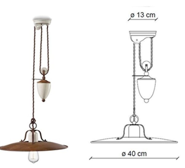 Lampadario rustico ferroluce retrò grunge c1436 e27 led metallo ceramica craquelè saliscendi - Retrò