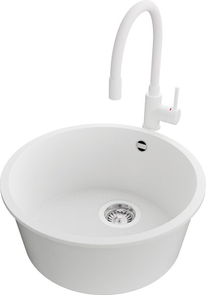 Lavello PRIMAGRAN in granito bianco 46x46cm, lavello rotondo 1 vasca + rubinetto cucina 38x14cm + set di scarico, lavello cucina da base 50 cm - Valletta Slim