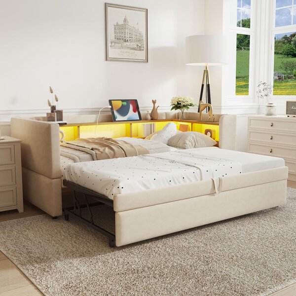 Fortuna Lai Letto imbottito Divano letto estraibile 90/180*190 cm, dotato di luci a LED, prese di corrente e numerosi vani portaoggetti, letto imbottito, divano letto multifunzionale, letto singolo, beige