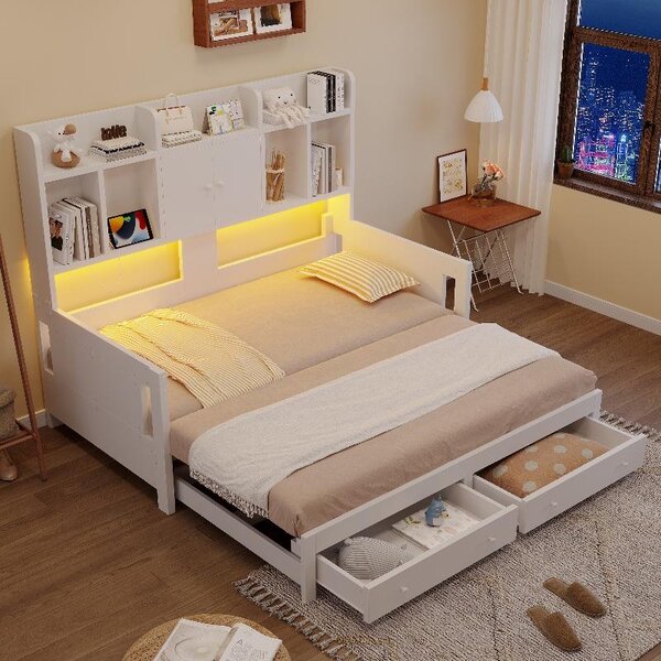 Divano letto estraibile in legno, dimensioni 90x190 cm aperto 180x190 cm, dotato di 2 cassetti, ripiani, armadietti, vani a giorno, prese elettriche e illuminazione LED