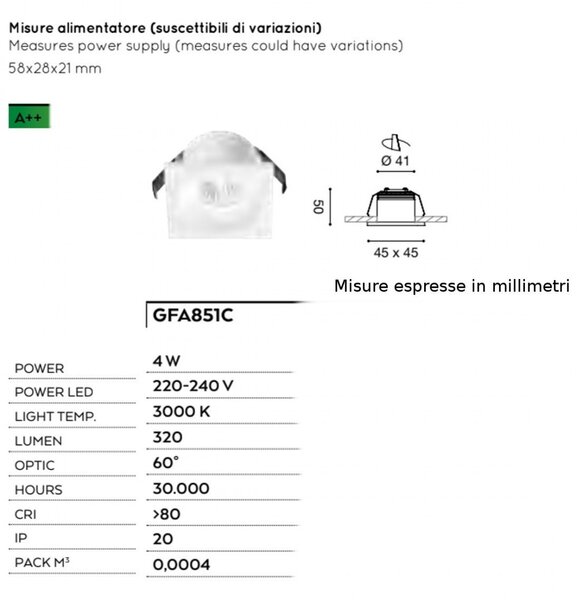 Faretto incasso alluminio vetro gea led gaia gfa851c led spot quadrato controsoffitto 4w 3000°k ip20 - Gea Led