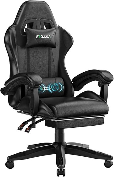 Sedia da gaming con funzione massaggio, ergonomica, colore nero. Sedia da gaming con poggiapiedi, schienale regolabile da 90° a 135°, cuscino lombare massaggiante per adulti, adatta a ragazzi e ragazze