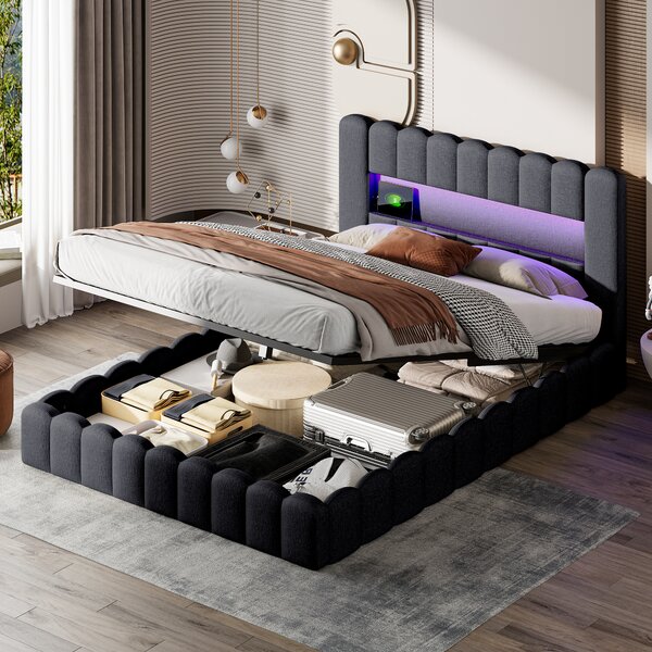 Letto imbottito Fortuna Lai 140x200cm con USB, letto per ragazzi letto matrimoniale con rete a doghe e contenitore, letto contenitore con LED, lino, grigio