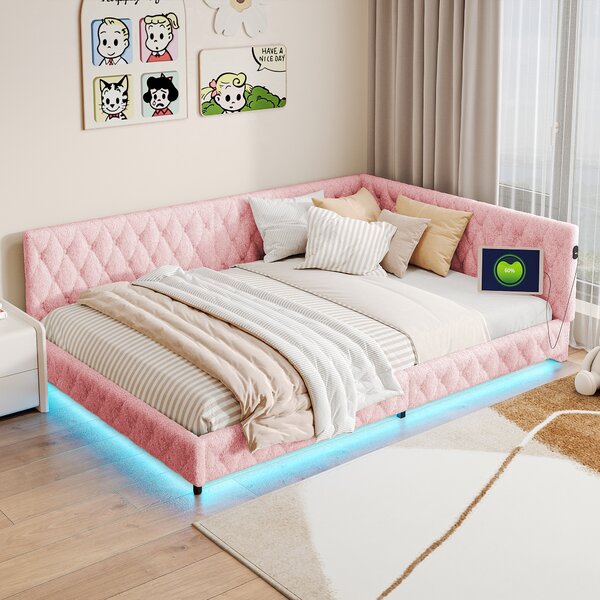 Fortuna Lai letto da giorno imbottito 140x200cm con LED e connessione USB, divano letto con rete a doghe in peluche di orsetto, letto funzionale letto matrimoniale per bambini, rosa