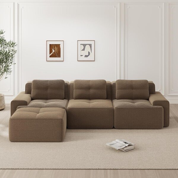 Divano modulare a forma di L con poggiapiedi, divano "Cloud" a 3 posti rivestito in tessuto corduroy. Divano in corduroy marrone, ideale per chi ha animali domestici, con una profondità di seduta di 74 cm, dimensioni totali 293x177x69 cm