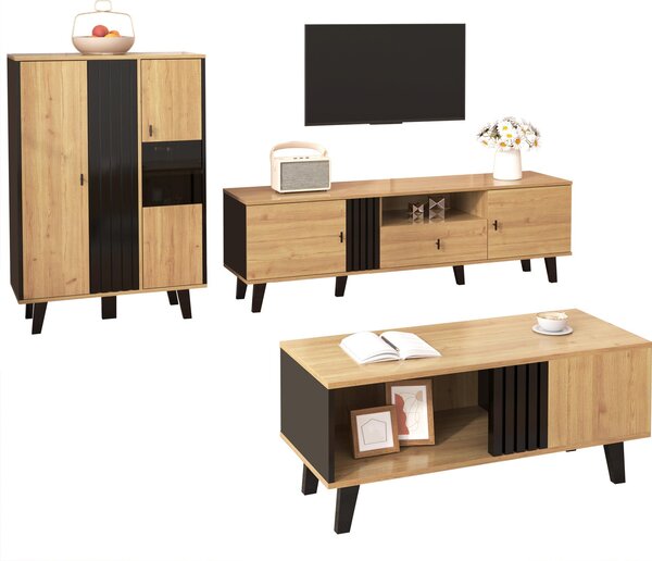 Set di mobili per soggiorno Fortuna Lai, 3 pezzi – tavolino, mobile TV e credenza – design moderno in legno e nero – ampio spazio contenitivo, eleganza raffinata per ogni casa