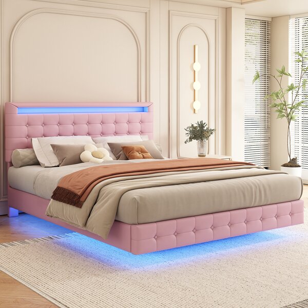 Letto imbottito Fortuna Lai 140x200cm, con illuminazione LED e rete a doghe, letto matrimoniale con testiera regolabile in altezza, struttura letto galleggiante, struttura letto imbottita, PU, rosa