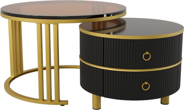 Tavolino rotondo 2 in 1 Fortuna Lai, piano in vetro temperato marrone con 2 cassetti, nero