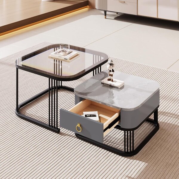 Set di 2 tavolini quadrati, tavolino da salotto lucido con aspetto marmoreo e piano in vetro, tavolino moderno con spazio di archiviazione, per soggiorno, balcone e ufficio, grigio e nero