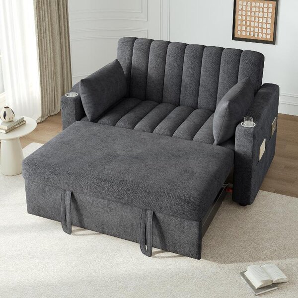 Divano letto 2 posti, grigio, divano multifunzionale con funzione letto e schienale regolabile, aspetto lino, divano letto con portabicchieri, dimensioni 136x162x84 cm
