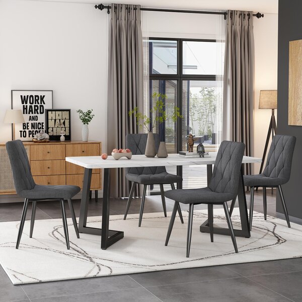 Fortuna Lai, set da pranzo (composto da un tavolo da pranzo di 117x68 cm e 4 sedie). Tavolo da pranzo rettangolare, set moderno per cucina, sedia da pranzo in tessuto di cotone grigio scuro, gambe del tavolo nere