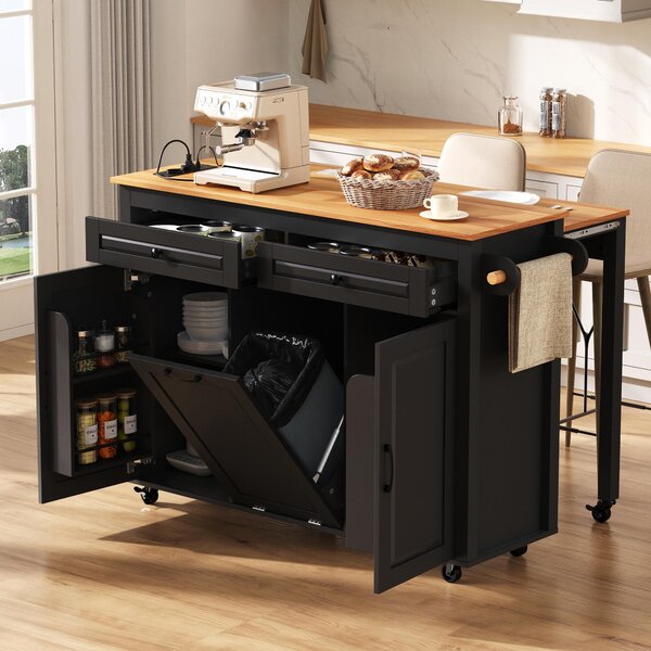 Isola cucina Fortuna Lai su ruote, zona pranzo estraibile Isola cucina con piano di lavoro e scomparto per contenitore rifiuti, isola cucina mobile indipendente con prese multiple, ideale per cucina e sala da pranzo (nero)