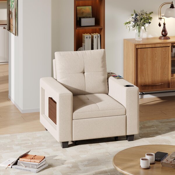 REMZETTA: Poltrona reclinabile con funzione letto, schienale regolabile in 5 posizioni, bracciolo pieghevole e presa di corrente, dimensioni 78 x 94 x 90 cm, color beige