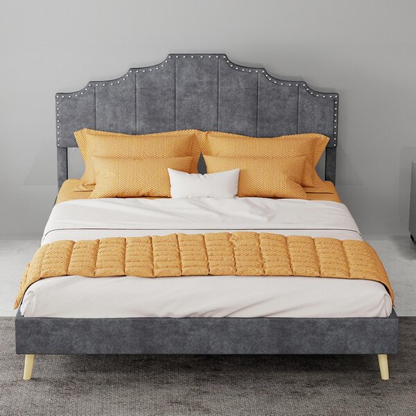 Letto imbottito 140x200 cm, color grigio, con rivestimento in tessuto, testiera imbottita e decorazioni con chiodini, senza materasso, ideale per la camera da letto