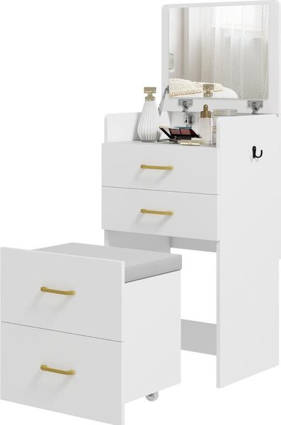 Fortuna Lai Tavolo da trucco 3 in 1 con specchio, comodino, sgabello con rotelle, cassetti, bianco