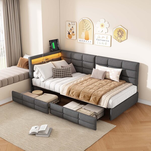 Letto imbottito divano letto 90x200, letto singolo con 2 cassetti, luce LED e funzione di ricarica USB tipo-C, letto funzionale letto per ragazzi Divano letto con rete a doghe, in lino, senza materasso, grigio