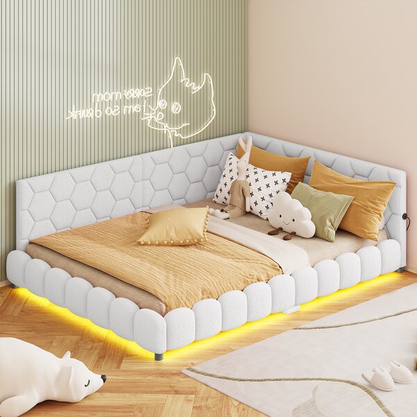 Letto imbottito Fortuna Lai 140x200 con LED e connessione USB, letto con rete a doghe, divano letto da giorno letto giovanile letto matrimoniale per soggiorno camera da letto (bianco)