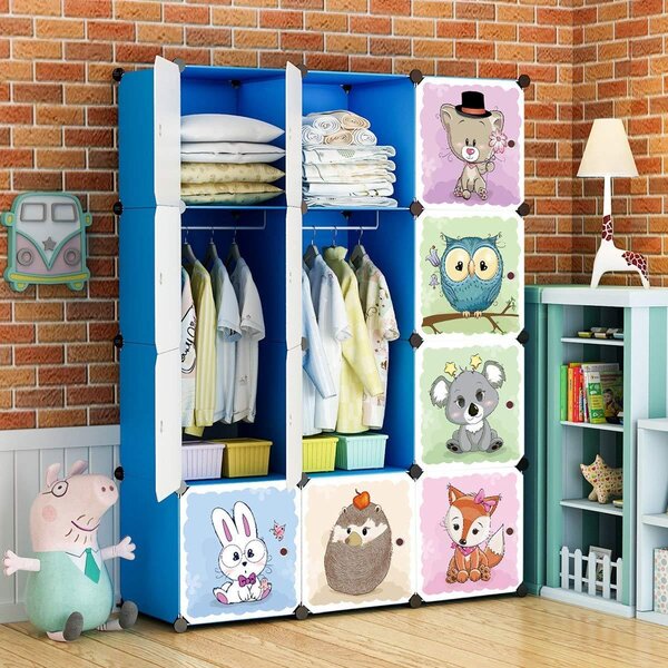 Armadio per bambini, composto da 8 cubi e 2 aste appendiabiti, colore blu, dimensioni 110x47x147 cm