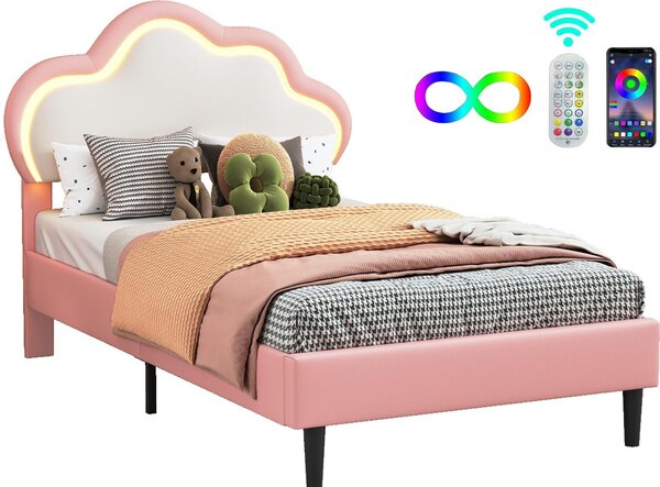 Letto imbottito Fortuna Lai 90x200 cm per bambini e ragazzi, testata a nuvola con illuminazione LED a 4 colori, testata regolabile in altezza, Pelle finta, rosa