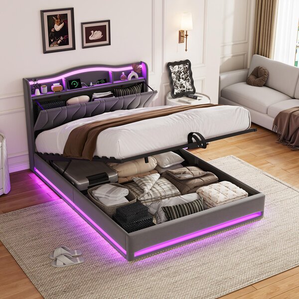 Letto imbottito REMZETTA, 160x200 cm, grigio, con LED, USB e Type-C, testiera con spazio contenitore e contenitore a cassetti integrato
