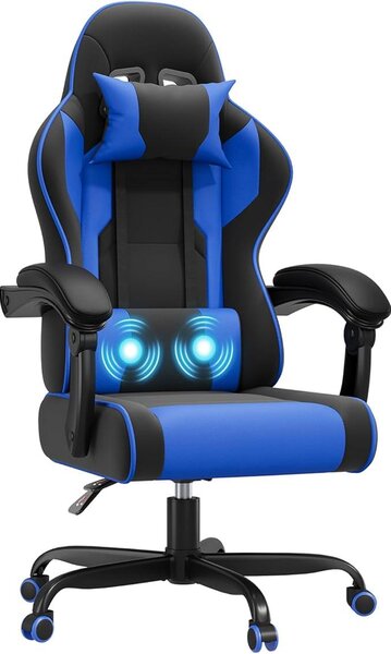 Sedia da gaming con funzione massaggio e schienale reclinabile fino a 135°, sedia ergonomica per ufficio, gaming e smart working, sedia da gaming resistente fino a 150 kg, colore blu