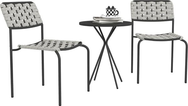 Set di mobili da giardino in polyrattan Fortuna Lai, mobili da esterno per balcone per 2 persone, set di 3 pezzi con 2 sedie impilabili, tavolo, salotto da giardino resistente alle intemperie per giardino, terrazza, balcone, grigio