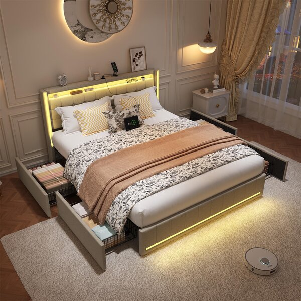 Letto imbottito Fortuna Lai 140x200 cm in beige, letto matrimoniale con LED, funzione di ricarica USB, testata e 4 cassetti, letto contenitore con rete a doghe in legno