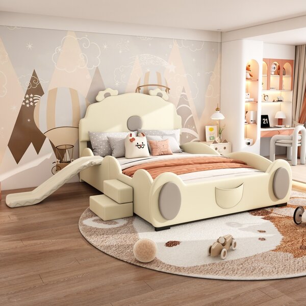 Fortuna Lai letto imbottito 140x200cm con scivolo e scaletta, letto orso, letto imbottito per bambini letto matrimoniale inPoliuretanoletto cartone animato, forma simpatica, beige