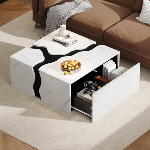 Tavolino da salotto Fortuna Lai, 70 x 70 x 31 cm, design geometrico a forma di cubo, tavolino con cassetto, tavolo con rivestimento in marmo dalla forma unica, tavolino da caffè, tavolino portaoggetti, tavolino da gioco