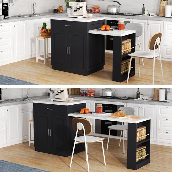 Isola da cucina Fortuna Lai con tavolo da pranzo estensibile per 4-6 persone, tavolo da cucina bicolore, presa di corrente, armadietto contenitore, 2 cassetti, 2 ripiani aperti laterali
